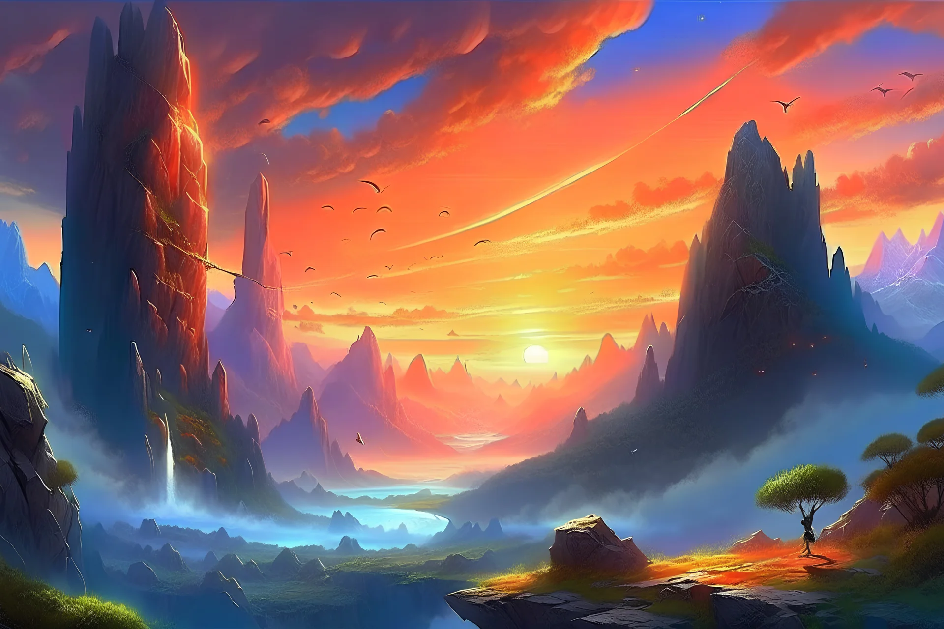 A fantasy painting of mysterious anomalies in the sky surrounded by hovering rocks, a beautiful landscape in the style of Michael Whelan, energy surge, serene countryside, lush forests, soaring mountains, impressive detail, sunset, high resolution, 4K, 8K, masterpiece