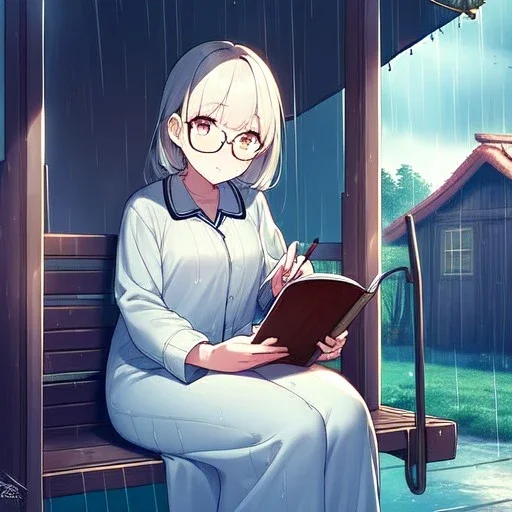 anime girl writing with a pencil in her hand in a book sitting on a porch swing of a very old house in the rain, wearing pajamas,wearing glasses, rain and raindrops