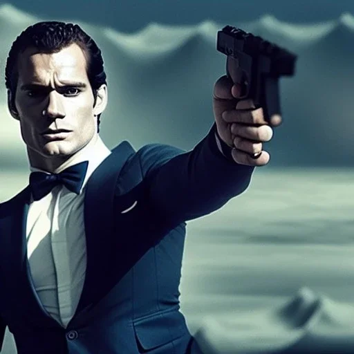 henry cavill as james bond, pointing gun, with spiral background, cinematic, hd, 4k