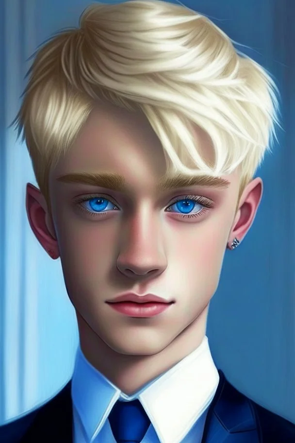 A cute Twink boy, blonde haircut, blue eyes, suit in party