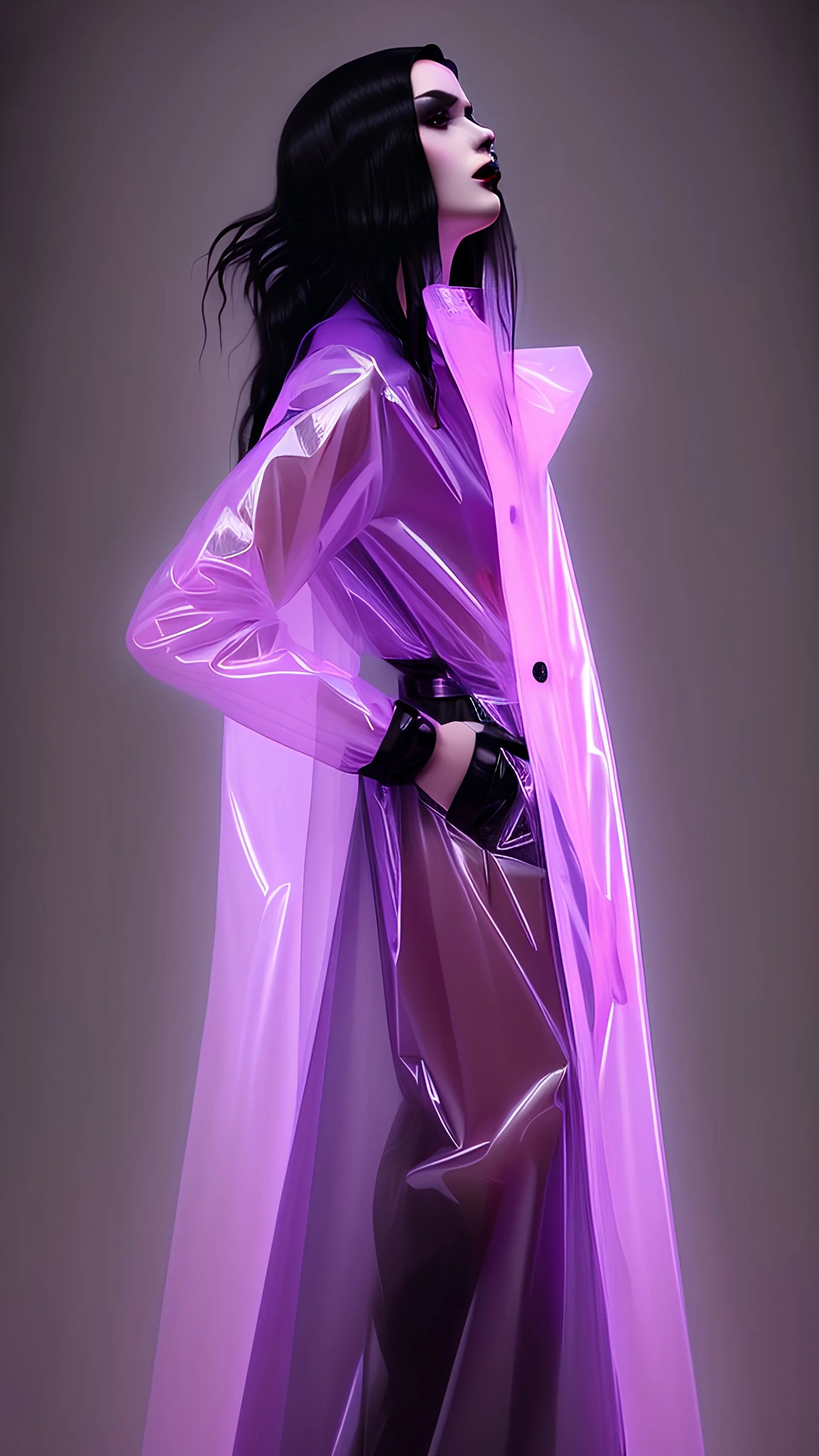 painting by koson ohara and marta bevacqua, portrait of a beautiful goth woman with long black hair, wearing a plastic raincoat, purple neon lighting, 8k, high quality, highly detailed