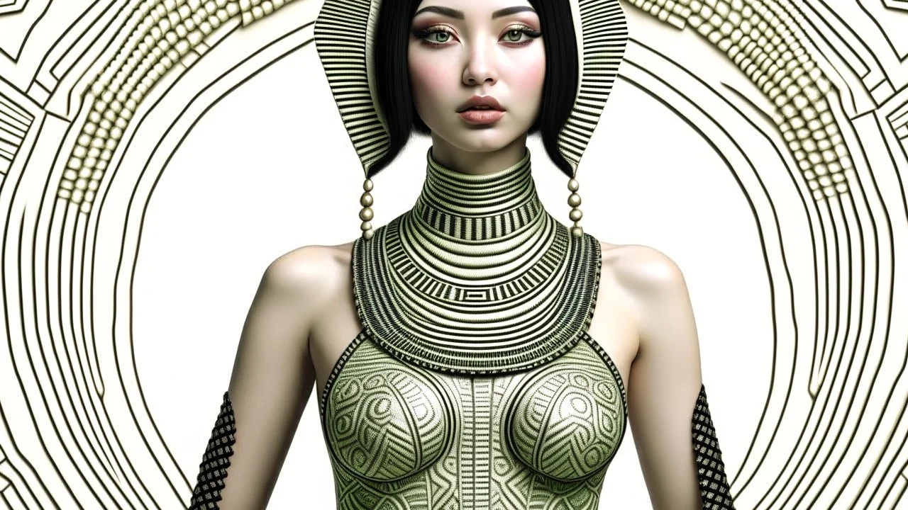 pale alien woman wearing exotic clothing. Black hair bob