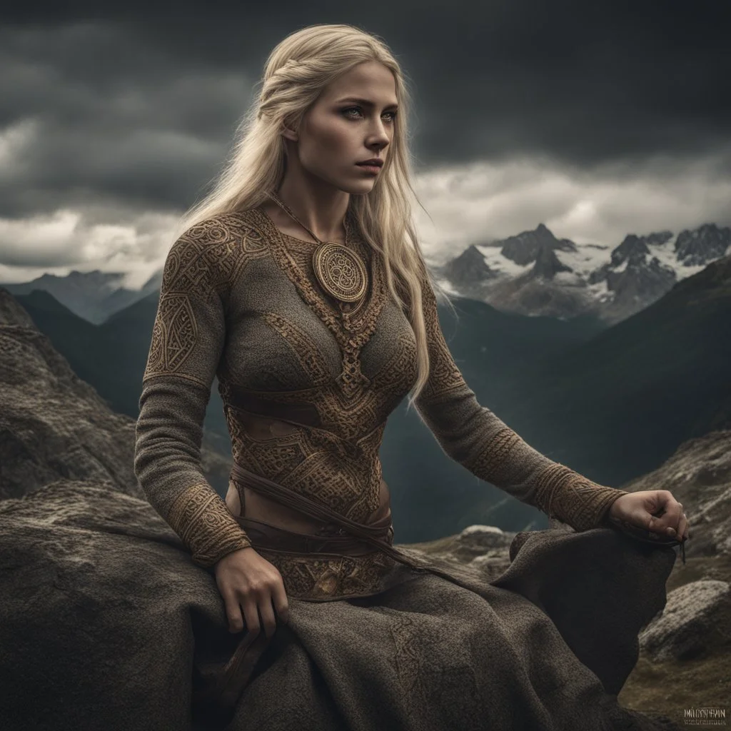 Behold the powerful alluring and pretty blonde barabarian woman, her body adorned with with runes, in the middle of the alps. intricate details, HDR, beautifully shot, hyperrealistic, sharp focus, 64 megapixels, perfect composition, high contrast, cinematic, atmospheric, moody