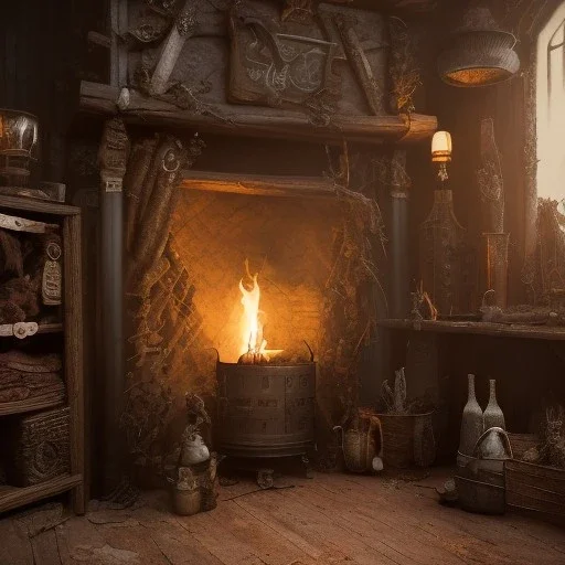 an viking fire place in old house, scary, zombie, steam punk, realistic, made in octane, cinematic, ultra-realistic, extremely detailed octane rendering, 8K, VRAY Super Real ar 2:3, dof photorealistic futuristic 50mm lens hard lighting dark gray tintype photograph, realistic lighting, sepia color