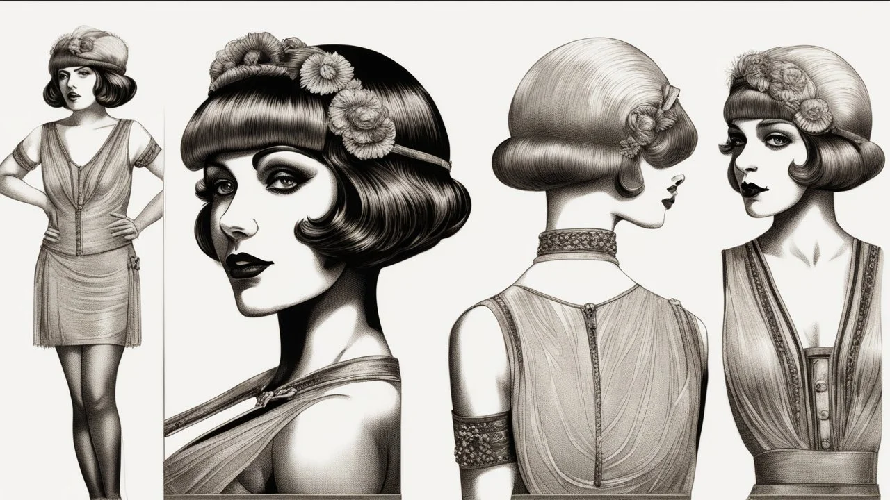 Full Body, burlesque Woman With A Bob With A Fringe Hairstyle, 1920s flapper style Clothing, Steampunk, Black Background, photorealism