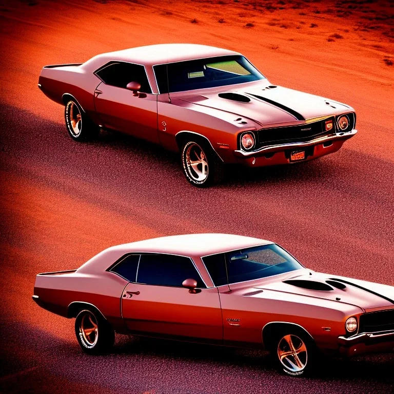 muscle car, just married couple driving, desert road, sunset, full colour,