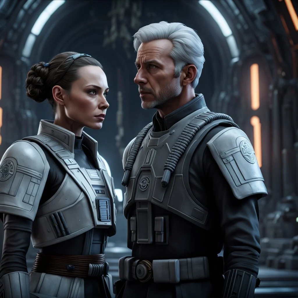 a bold and heroic bald male Corellian pilot in black and grey First Order special forces gear meets a female Jedi Master in ancient, mystical temple, hyperdetailed, dynamic lighting, hyperdetailed background, 8k resolution, volumetric lighting, light skin, fully symmetric details