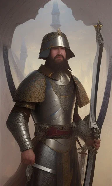 Islamic army commander from the Mamluk era, shield, sword, cinematic, 8k, resolution concept art portrait by Greg Rutkowski, Artgerm, WLOP, Alphonse Mucha dynamic lighting hyperdetailed intricately detailed