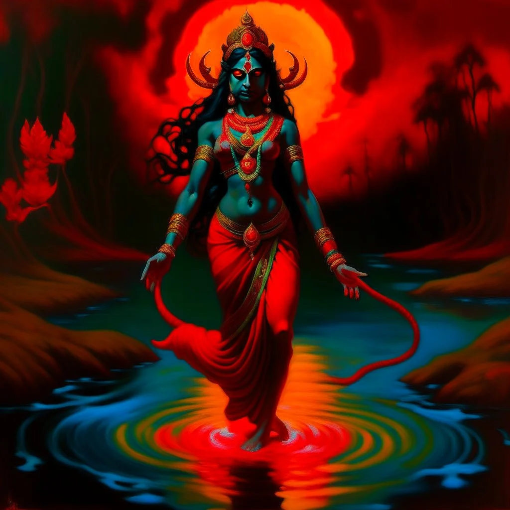 An oil painting of goddess Kali crossing a lake, neon red colors,