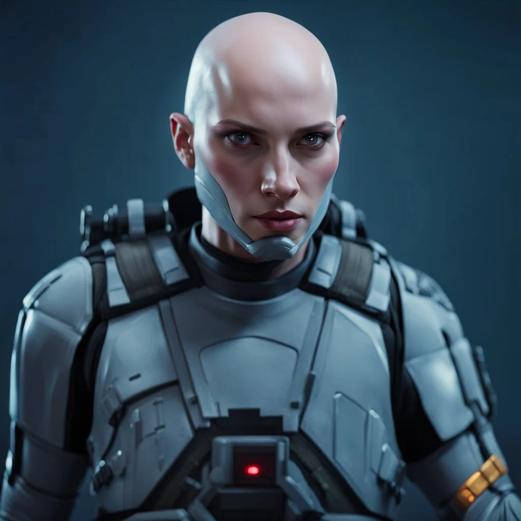 a bold and heroic bald male Corellian pilot in black and metallic grey First Order special forces gear meets a female Jedi Master in ancient, mystical temple, hyperdetailed, dynamic lighting, hyperdetailed background, 8k resolution, volumetric lighting, light skin, fully symmetric details