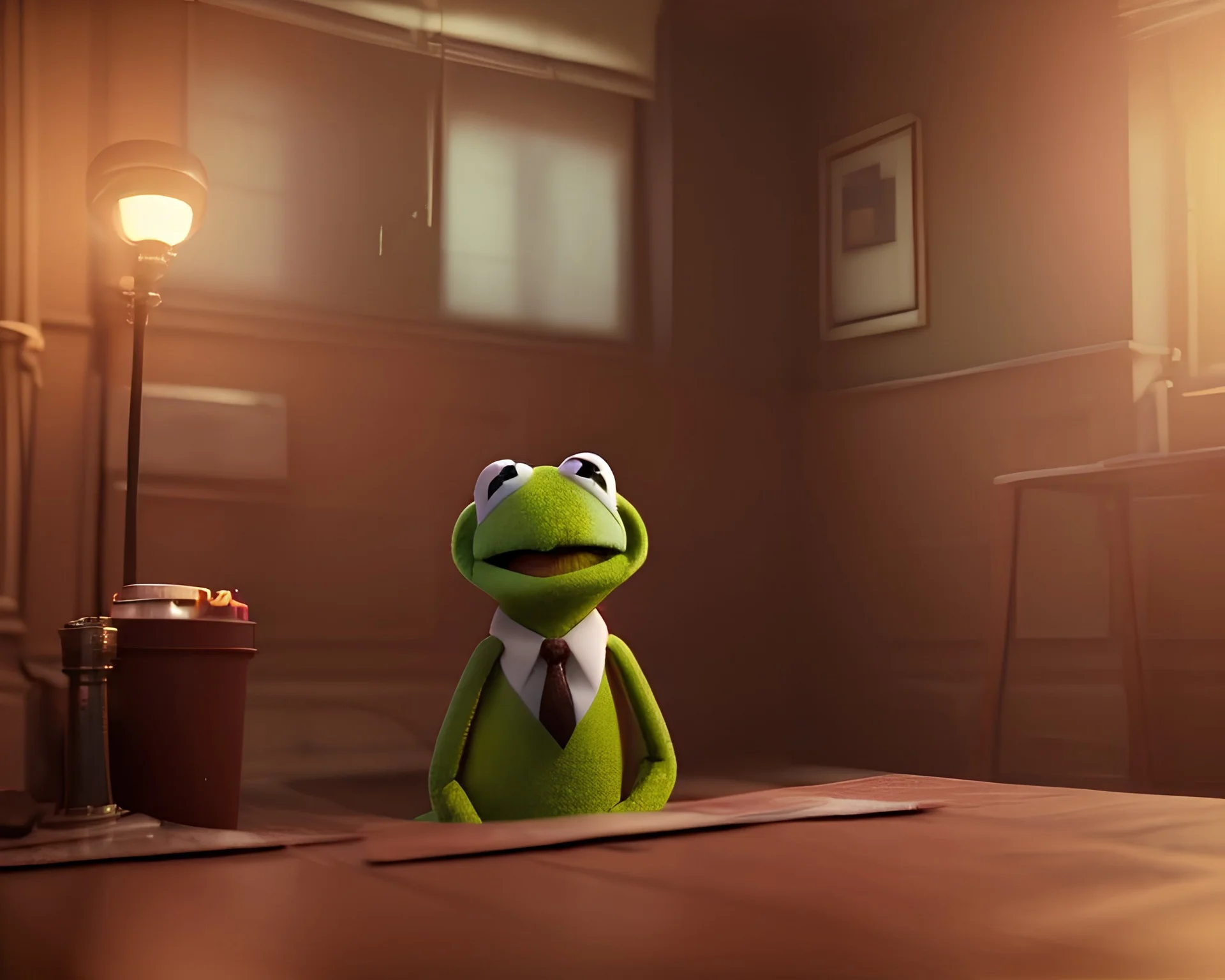 Room scene, muppet head with body detective man, realistic photo, concept art, retro style, smooth, unreal engine 5, god lights, ray tracing, RTX, lumen lighting, ultra detail, volumetric lighting, 3d.