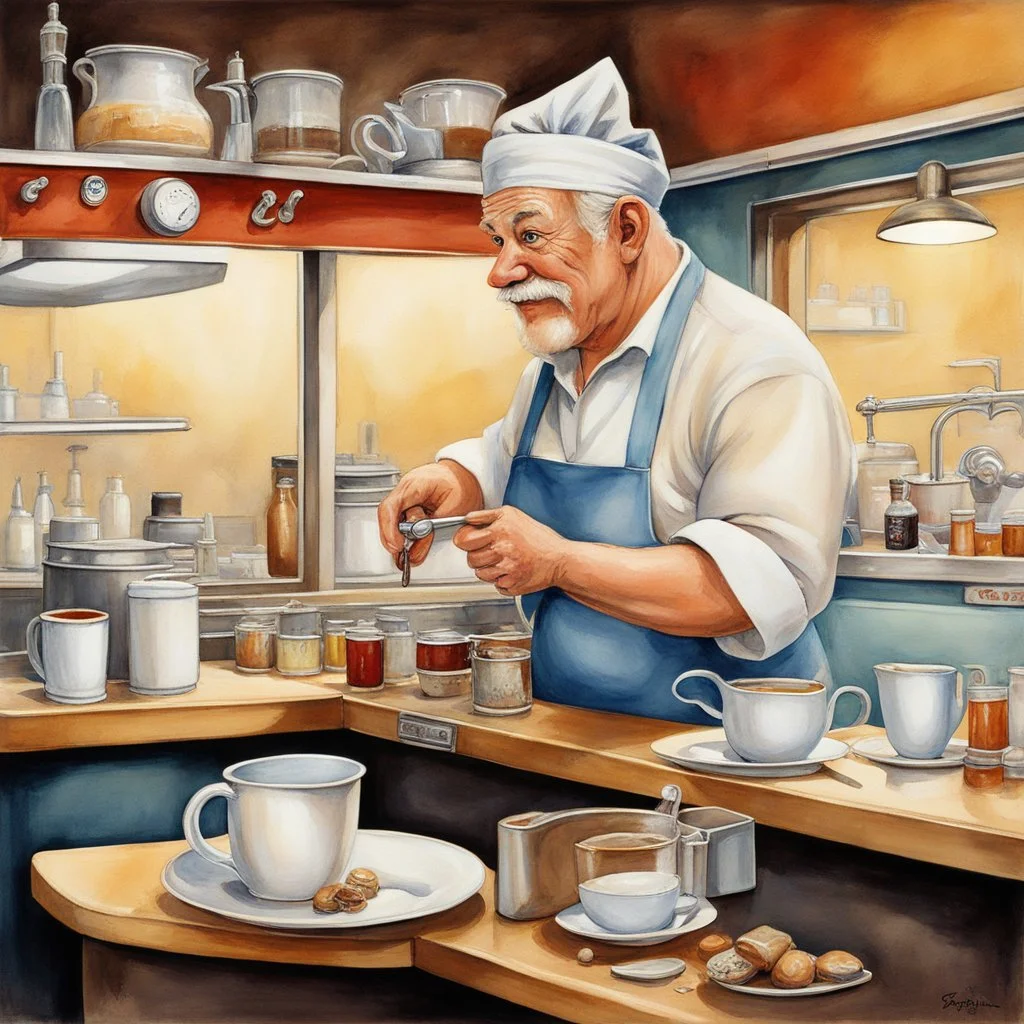 impressionist painting, hamster barista working behind a counter of a 50's diner serving coffee to old man, artistic nostalgic, waitress apron and do-rag, by Stevan Dohanos and Brian Despain and Renoir, dramatic, watercolor with medium brush strokes, technically perfect, dynamic,