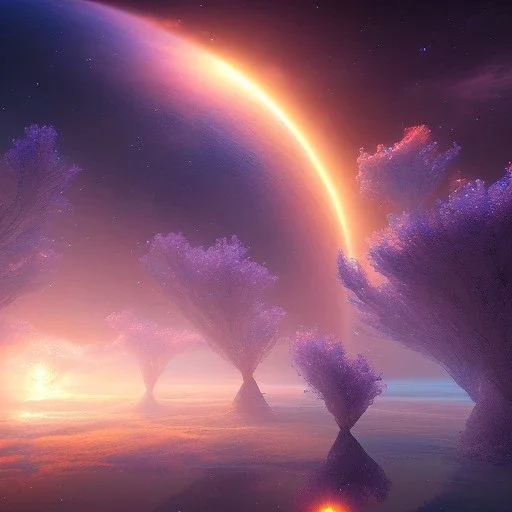 beautiful cosmic transparent landscape very etheric and cosmic, delicate colors, ultra sharp focus, 8k, unreal engine 5, extremely sharp detail, light effect, soft light atmosphere, smooth, full of details