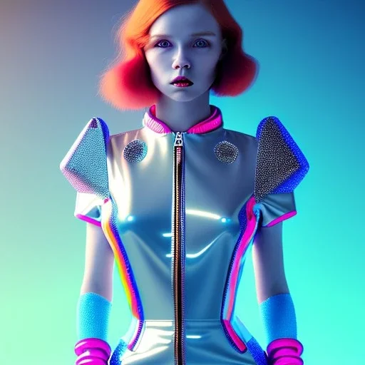 redhead woman teenager, few freckles, padded coat, retro futuristic, latex dress, gradient color, BLUE, PINK, CYAN, neon, insanely detailed, 16k resolution, perfect eyes, cinematic smooth, intricate detail