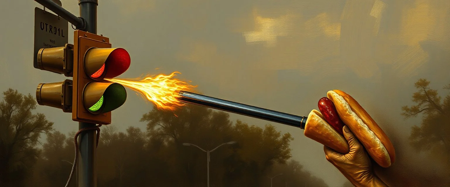 bazooka shooting a hot dog into a traffic light, painted by Rembrandt