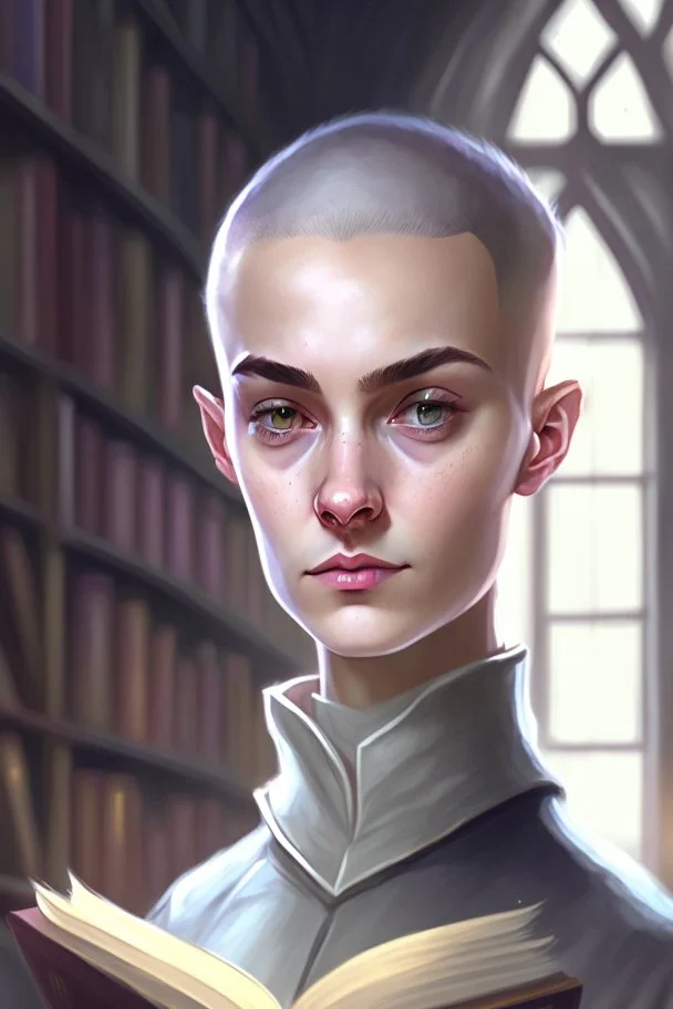 full color portrait drawing, portrait, fantasy setting, 22-year old female human cleric, shaved head, light eyebrows, grey eyes, background library