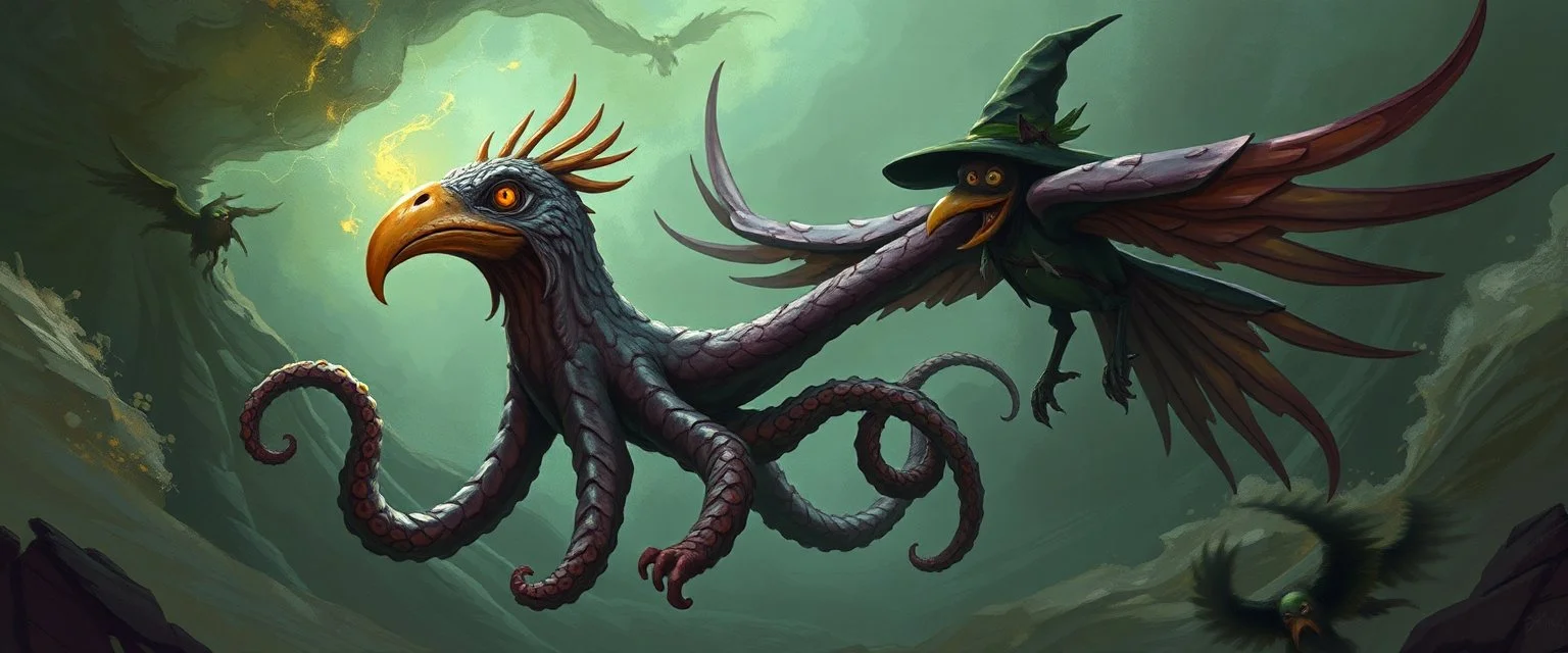 octopus bird witch looks beyond really powerful, fantasy illustration