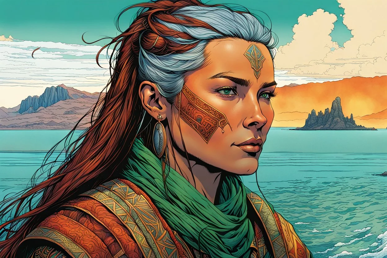 create a full body portrait of a fair skinned female nomadic tribal mercenary with highly detailed, delicate feminine facial features, inhabiting an ethereal Northern fjord land of pristine blue waters, in the comic book style of Jean Giraud Moebius, David Hoskins, and Enki Bilal, precisely drawn, boldly inked, with vibrant colors