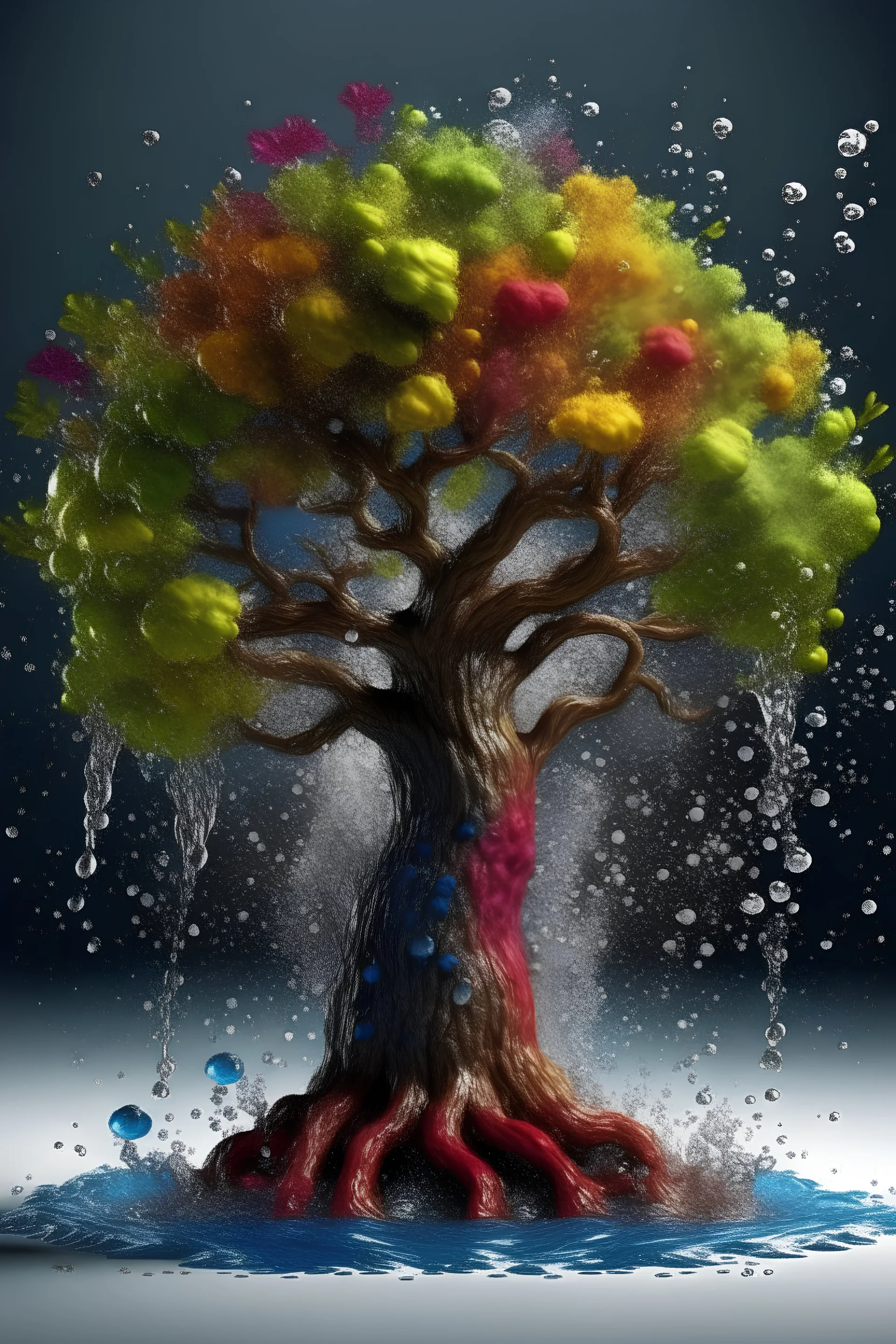 a realistic image of a coonut tree made of water, colorful