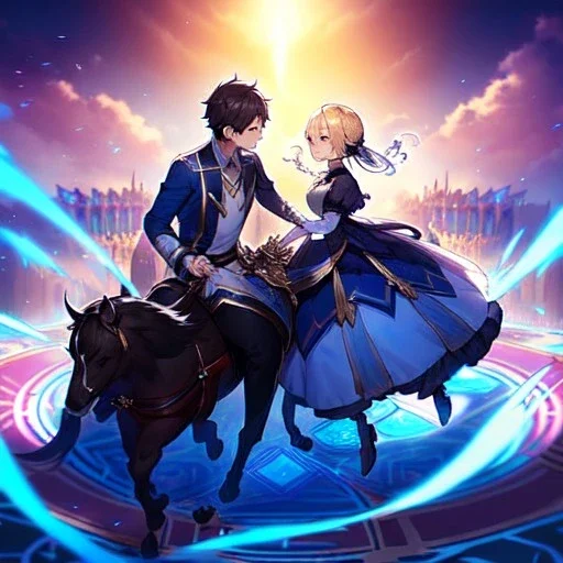 anime girl and boy riding on a magic carpet