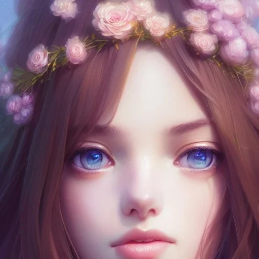  full Closeup face portrait of a girl wearing crown of flowers, smooth soft skin, big dreamy eyes, beautiful intricate colored hair, symmetrical, anime wide eyes, soft lighting, detailed face, by makoto shinkai, stanley artgerm lau, wlop, rossdraws, concept art, digital painting, looking into camera