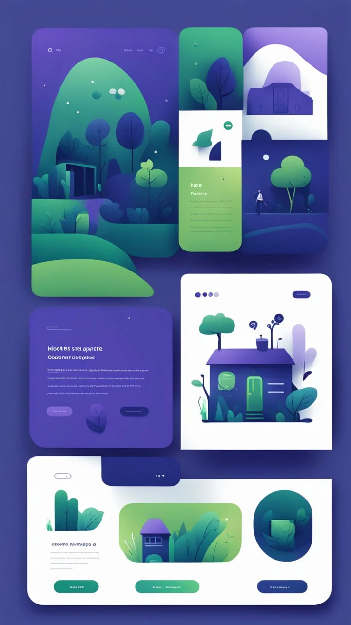 illustrations with a simple art style that show webiste's home page use dark blue-purple and bright green