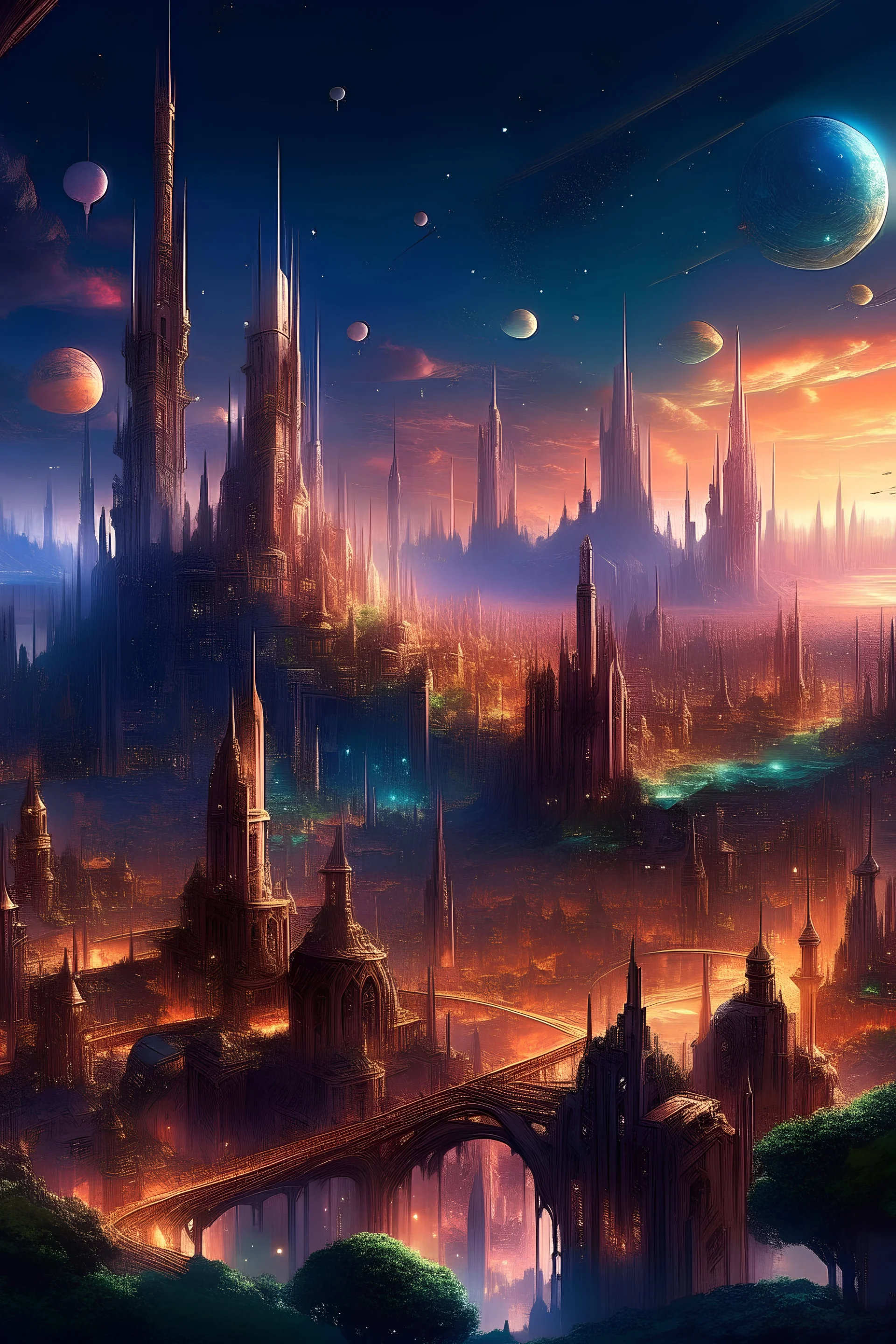 An amazing view of a fantasy city. You see tall towers touching the sky and streets sparkling with lights and colours.