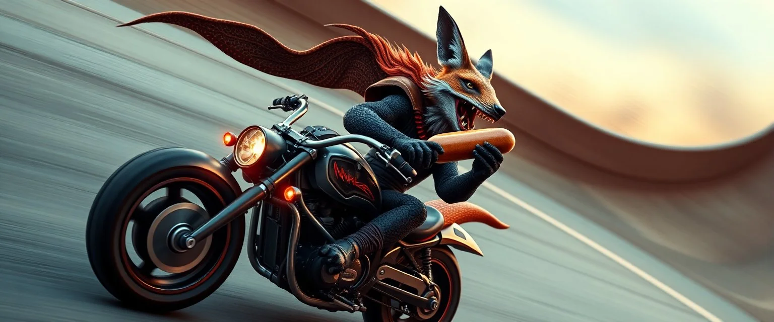 vampire fox kangaroo sock speeding on a vampire sci-fi motor bike on skate ramp while eating hot dogs