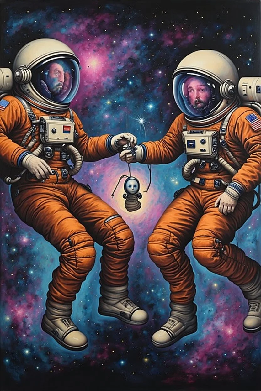 Cause you and I will be like a couple of cosmonauts Except with way more gravity than when we started off" minimalisric surreal space composition Modifiers: oil on canvas surreal Mixed Media mysterious Impressionism heavy brushstrokes Jamie Heiden Gayane Khachaturian arbitrary colour alteration dmt puff mild exorcism Squeak Carnwath Bif Inc.™