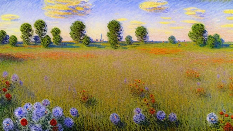 Sunny day, prairie, tree, flowers, claude monet painting