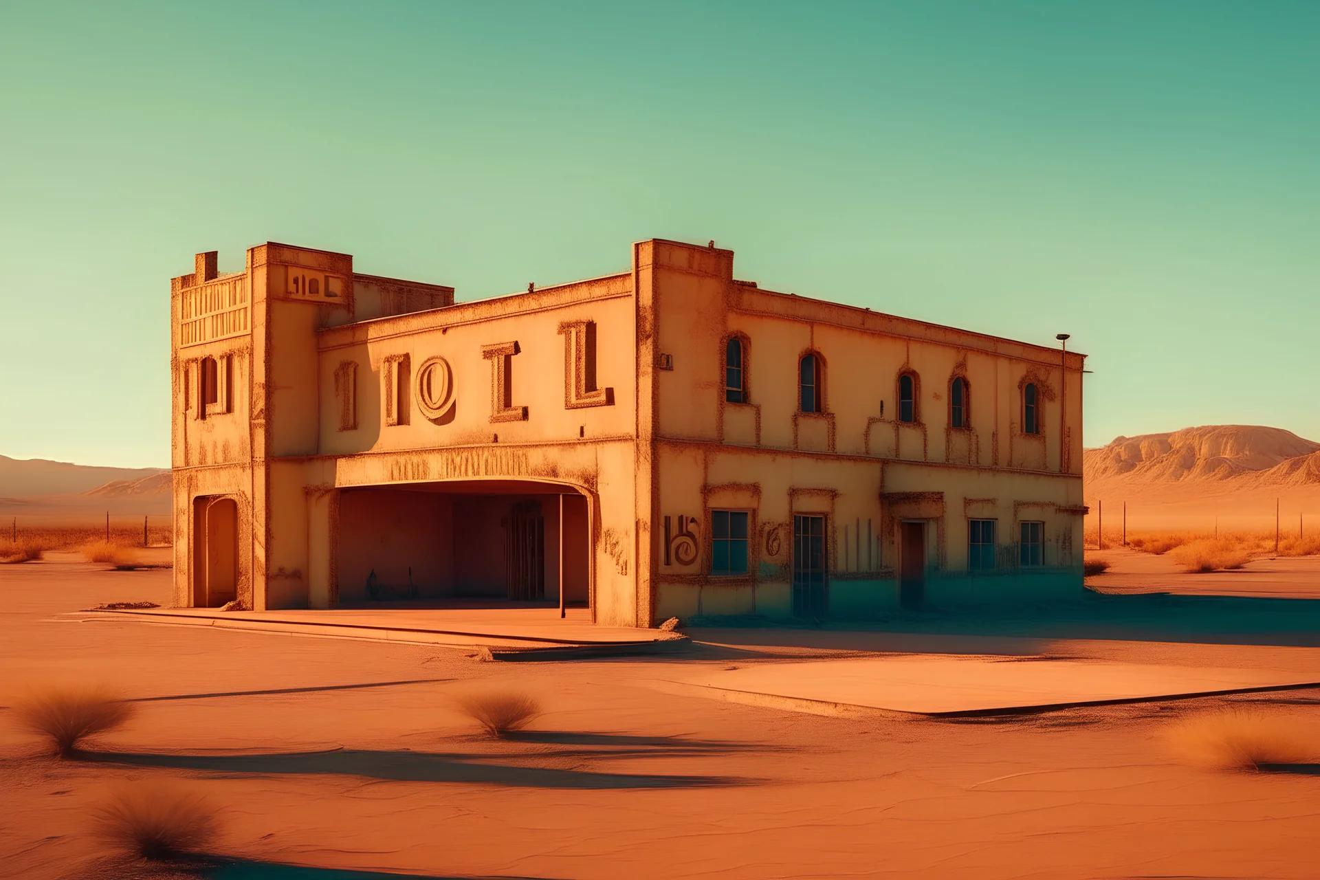 abandoned hotel, near road, desert places, warm colors, huge broken luminous letters 'Hotel' on the roof