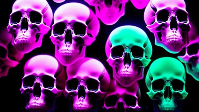 hundreds of anatomically correct, human skulls stacked into a wall unusual neon lighting, high octane, 64k, dystopian, vray, a picture of a dark, comedic, anatomically correct wall of colorful tightly packed skulls of varying sizes and expressions, photo-realistic, insanely meticulous, highly detailed,, 64k, dystopian, vray