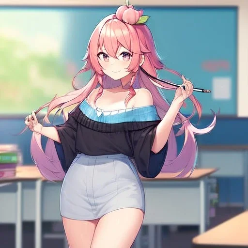 Clear focus, High resolution, a anime adult, cute, cartoony style, smiling, hair between eyes, holding a pencil, small forhead, female, medium length hair, long locks, lots of bangs, teacher, wearing a off shoulder shirt, no spaghetti straps, peach hair colour