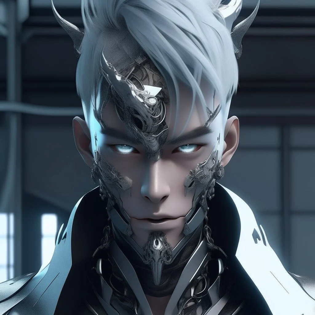 silver skinned anime Dragman cyberpunk with dragon mask in his eyes