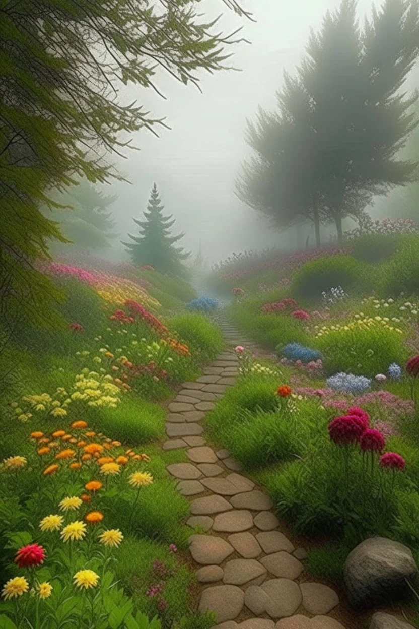 park, botanical garden, many flowers, multi-level, path, fog, morning, professional photo, Ultra HD, HDR