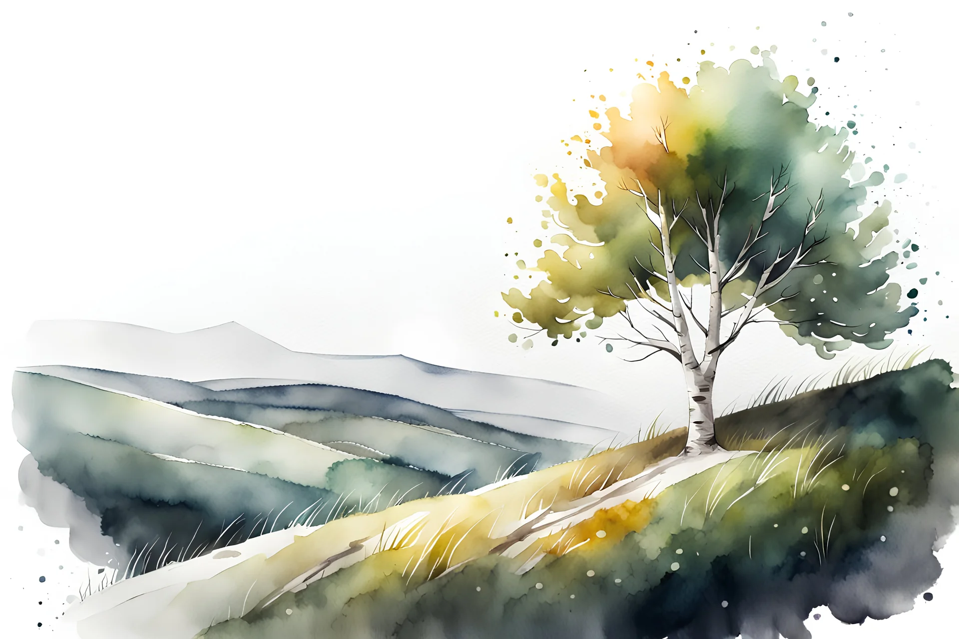 watercolor drawing of a birch tree on a hill on a white background, Trending on Artstation, {creative commons}, fanart, AIart, {Woolitize}, by Charlie Bowater, Illustration, Color Grading, Filmic, Nikon D750, Brenizer Method, Perspective, Depth of Field, Field of View, F/2.8, Lens Flare, Tonal Colors, 8K, Full-HD, ProPhoto RGB, Perfectionism, Rim Lighting, Natural Lighting, Soft Lig