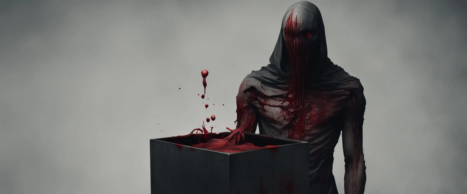 a faceless creature covered in blood holding up an empty black box