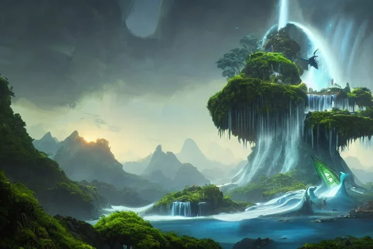 Art by Dylan cole and Eddie mendoza and darek zabrocki, Avatar concept art, pandora, hovering island with waterfall, magnificent landscape, ultra-wide angle, ultra realistic, digital painting, 8 k uhd, dynamic lighting, beautiful, sharp focus, ultra detailed, concept art