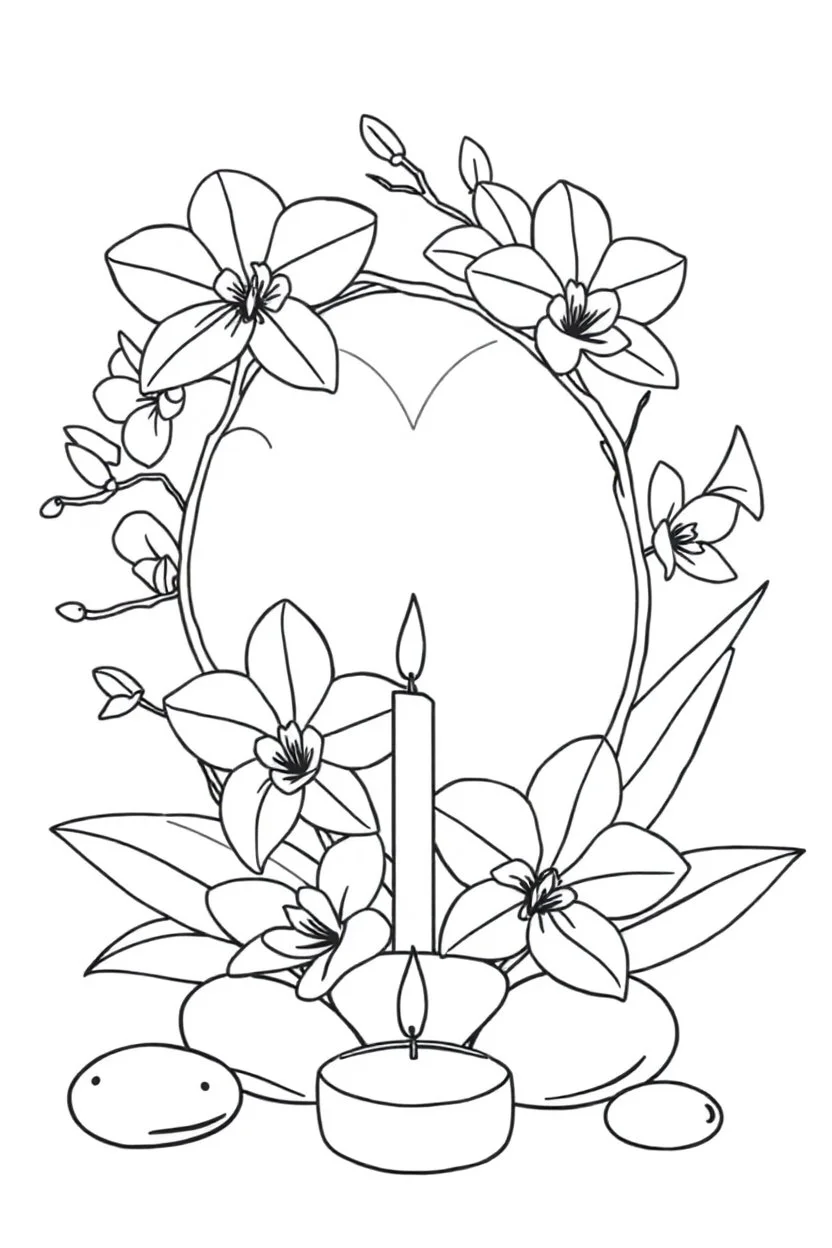 outline art for visually rich appealing heart shape orchids plumeria rounded stones candles, ikebana style, coloring page for kids, white background, fit to page, only use outline, clean line art, no shadows, clear and well outlined