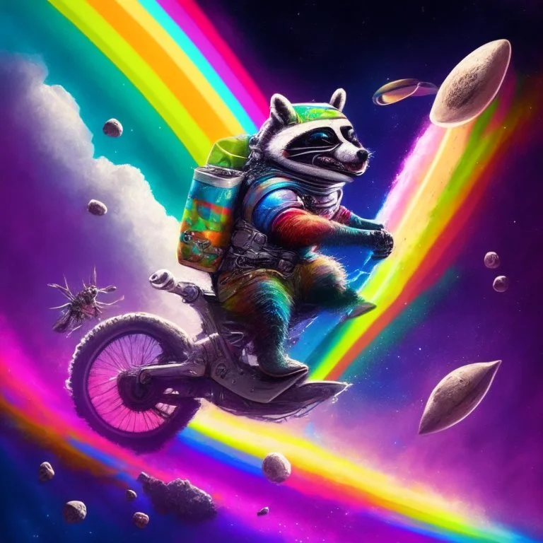 A raccoon astronaut riding a rainbow bike on a mission to gather space trash, jumping over asteroids as he goes.