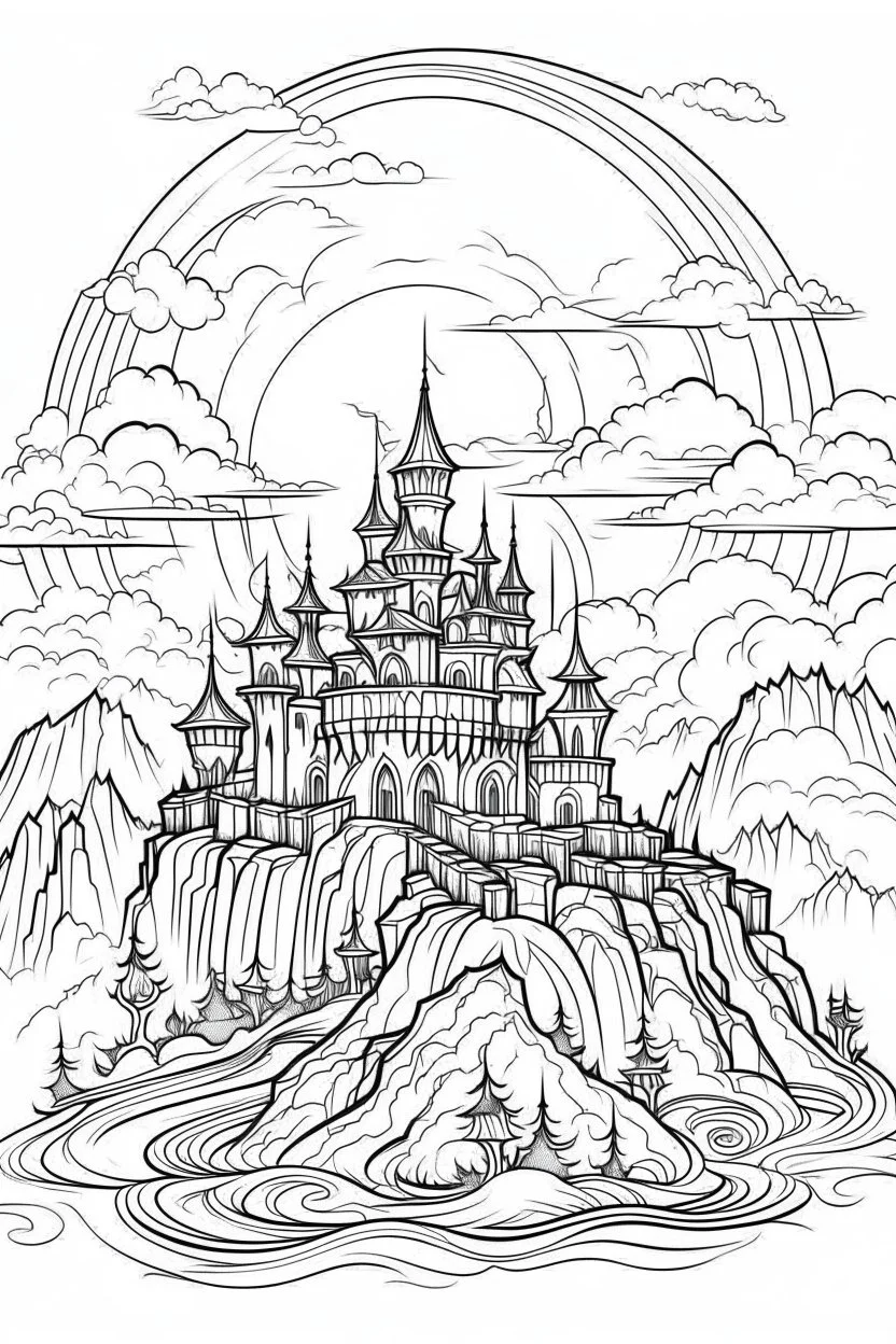 A vampire castle on a hill, surrounded by fog and illuminated by lightning. Outline, sketch style, only use outline, mandala style, clean line art, white background, no shadows, no clear wall, coloring page.