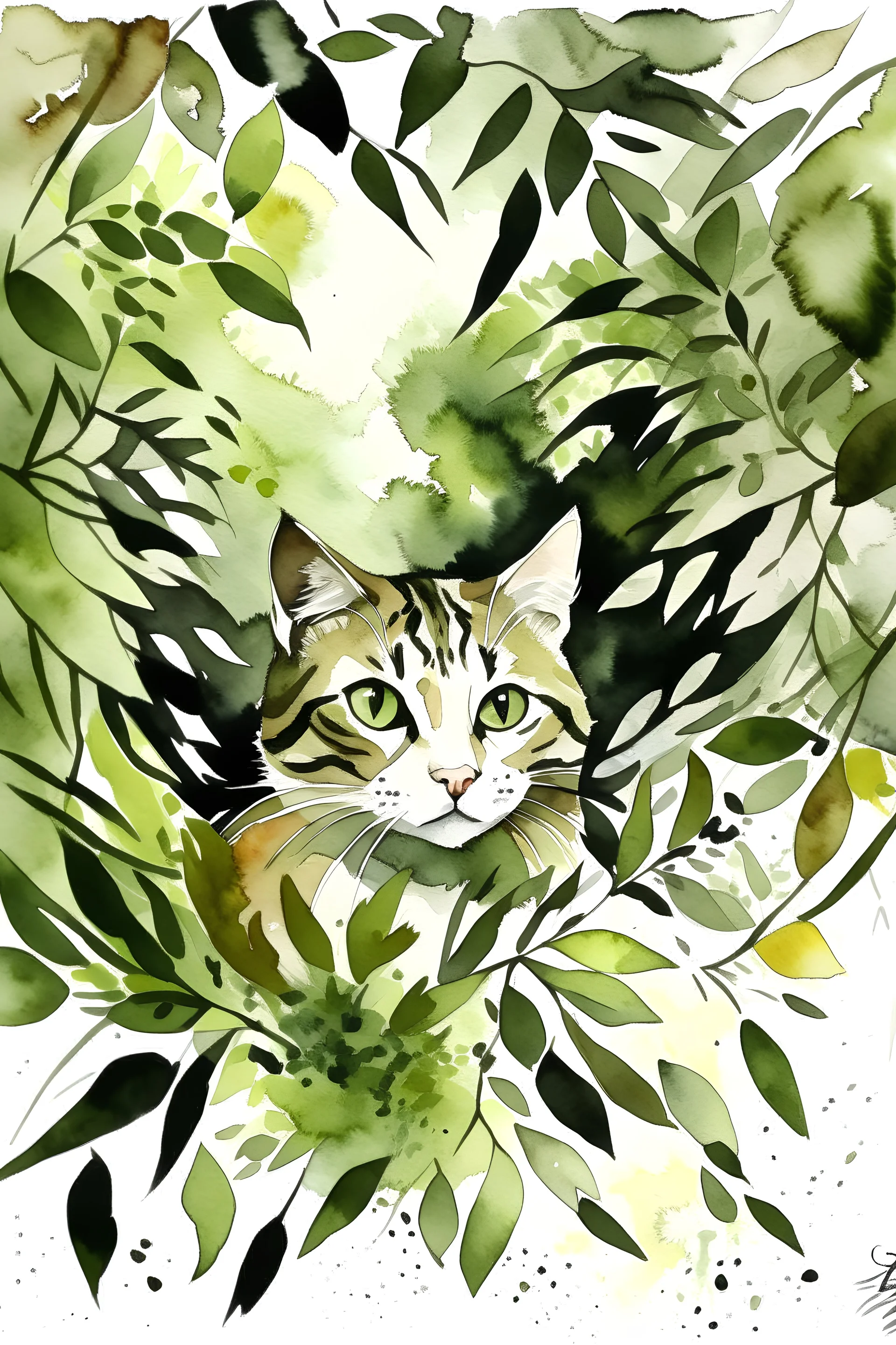 painting of a brown tabby cat hiding behind foliage, in the center of the picture with space around it taking up only one third of the image, in watercolour, in the background a dark, warm green forest, splatter, art, aquarell, pastell, ink, soft, negative space, white outlines