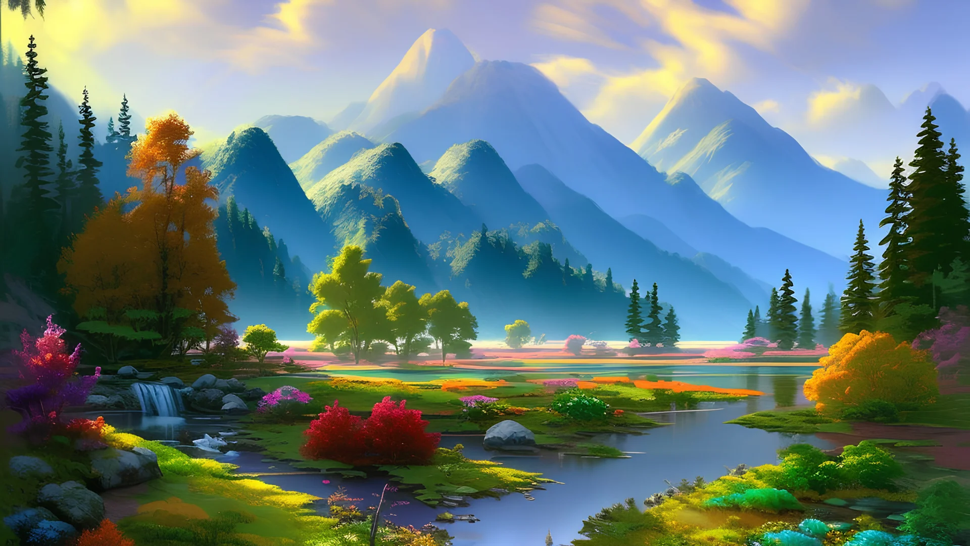 Serene landscape by day with sunlight beams with river running trough mountains, a forest with a lot of vibrant colors, in the style of bob ross, thomas kadinskade and albert bierstadt. Peacefull and calming, intricate details, vibrant.