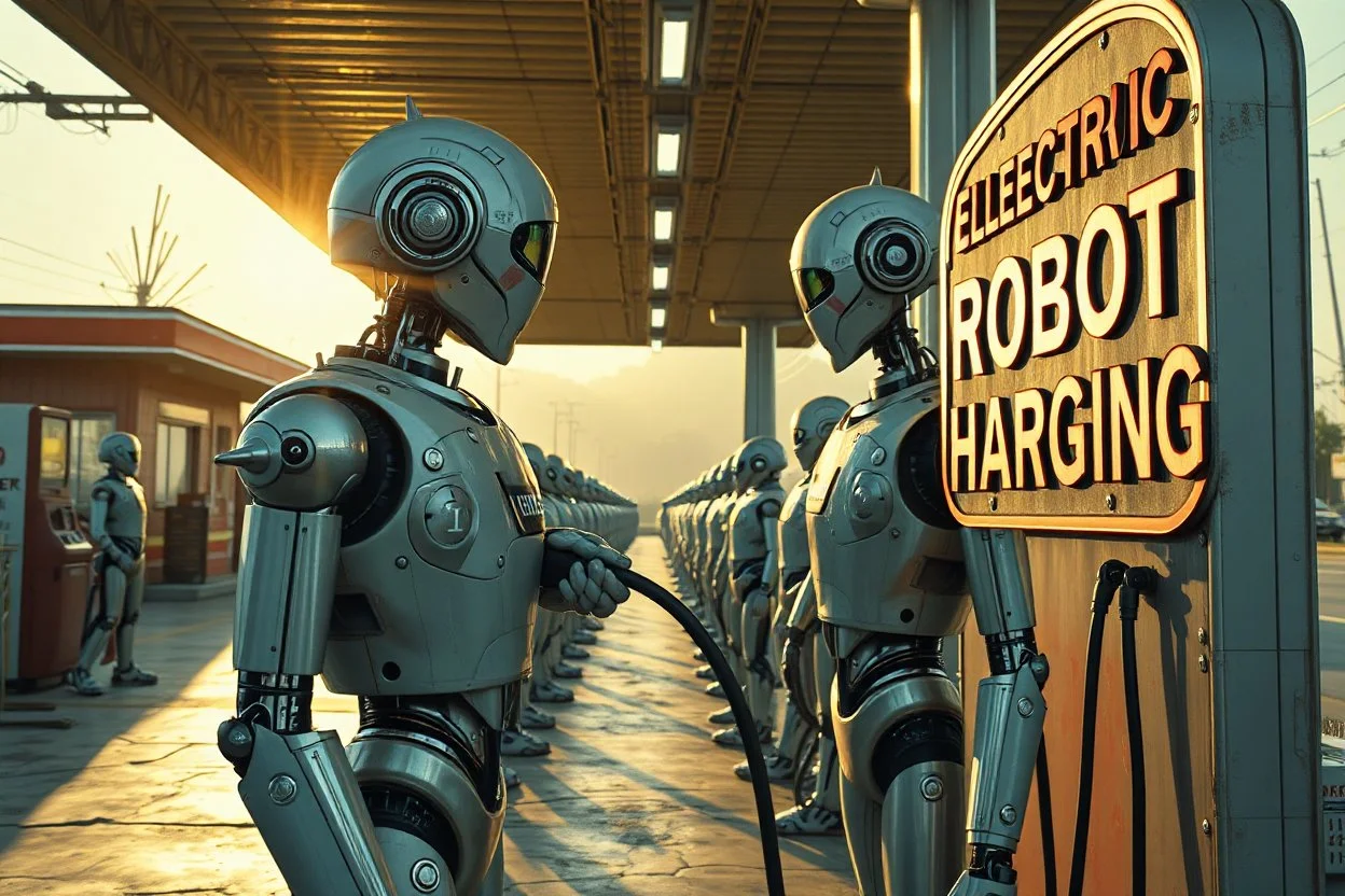 A cinematic wide-angle oil painting of a humanoid robot plugging a thick electric charging cable into its torso port at a futuristic charging station within a retro-style gas station. A long line of identical humanoid robots stands patiently behind, waiting for their turn to recharge. A large vintage-style sign to the side reads 'Electric Robot Charging Station.' The scene is bathed in golden-hour lighting, with rich, noisy colors, expressive thick brushstrokes, intricate steampunk elements, glo