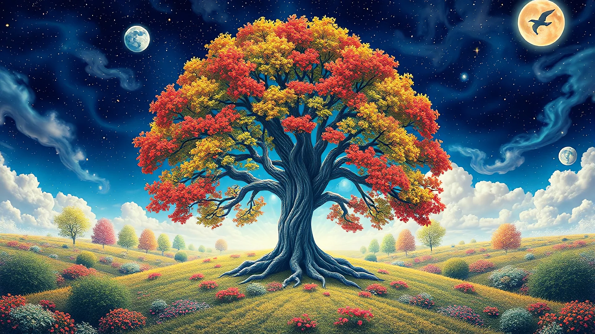 A tree of life in the center with abundant foliage along with views of all seasons, spring, summer, fall, and winter, in a blue, red, yellow, and white color theme and a psychedelic atmosphere.