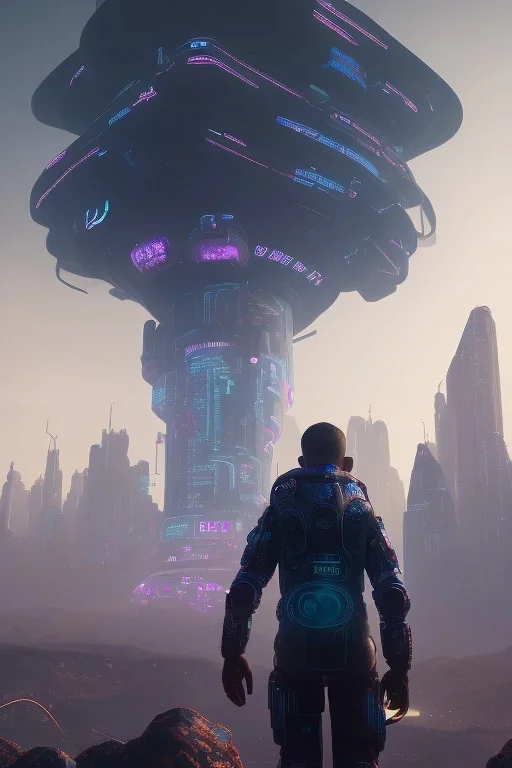 projection of an AI head hovering over an cyberpunk landscape in the distance, a small human walking towards the head, high quality, 4k resolution, high details