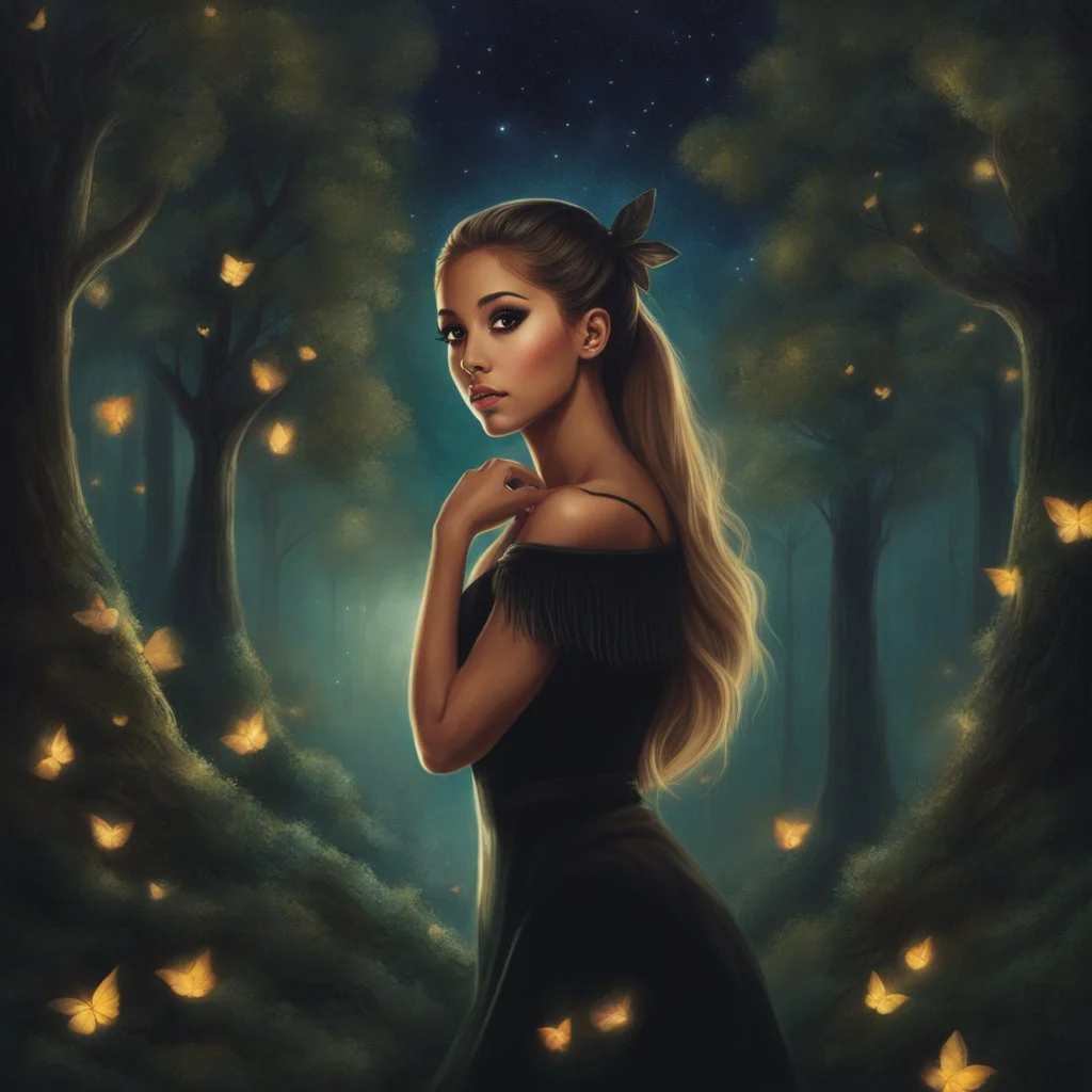 Painting of a beautiful girl, beautiful, pretty face, young girl, fantasy art, Ariana Grande's face, dream, trees, forest, dark night, song, glitters background, fantasy