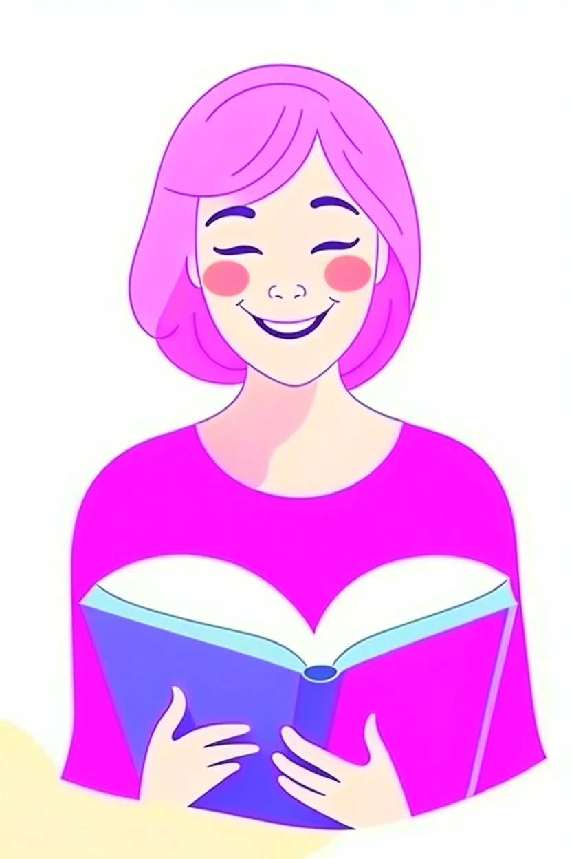 Portrait perempuan dengan senyum di wajahnya membaca buku yang berkaitan dengan kesehatan mental, warna pastel