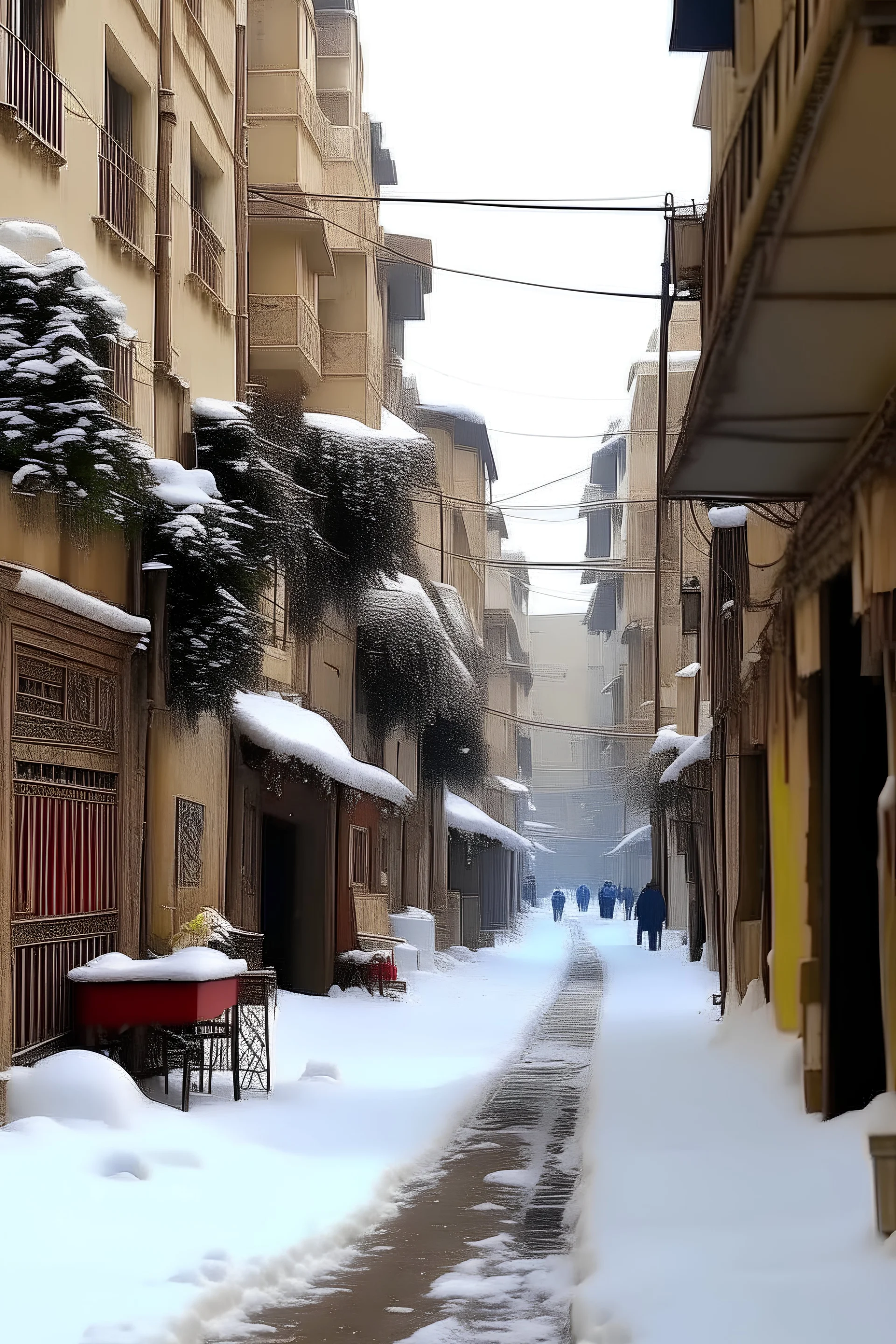 An Egyptian street full of snow, selling Christmas atmosphere and a Christmas tree