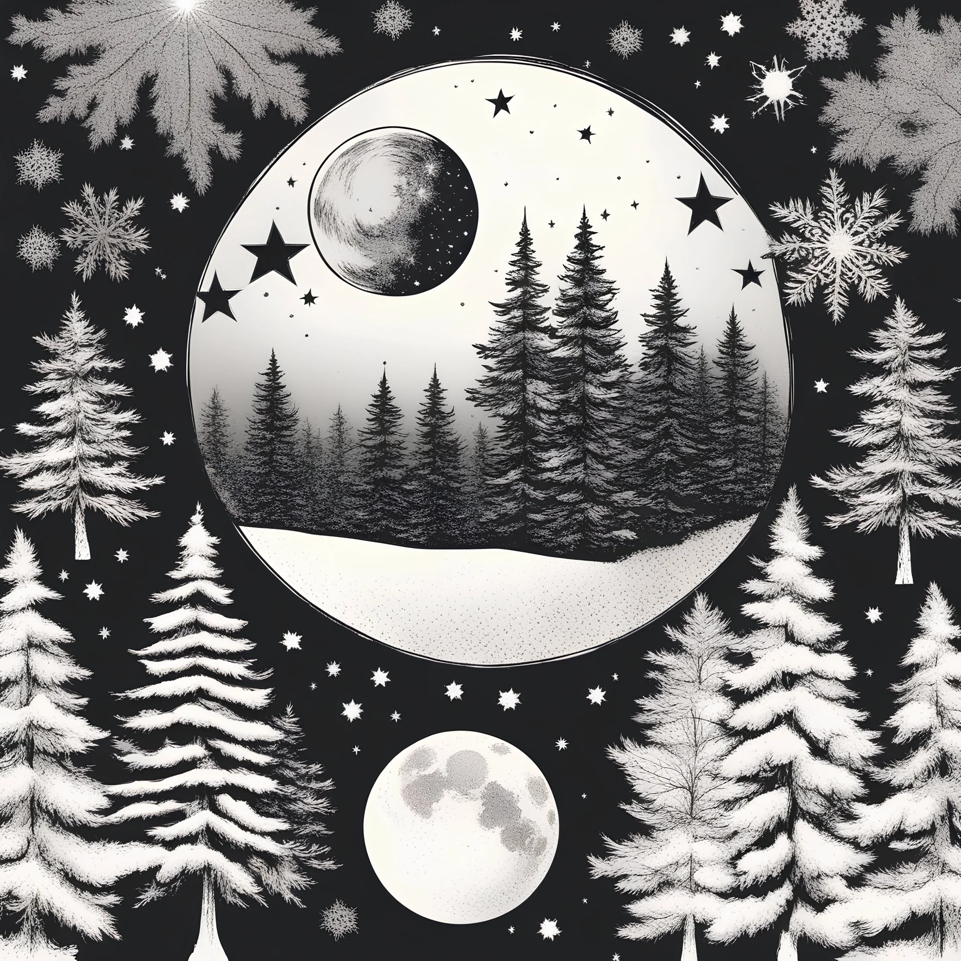 Vector graphic for t-shirt design, sticker, centered circle masked, (winter season, trees, snowflakes, moon, night sky, lights) CLIPART, on a white background, drawing art, super detailed, 8k resolution